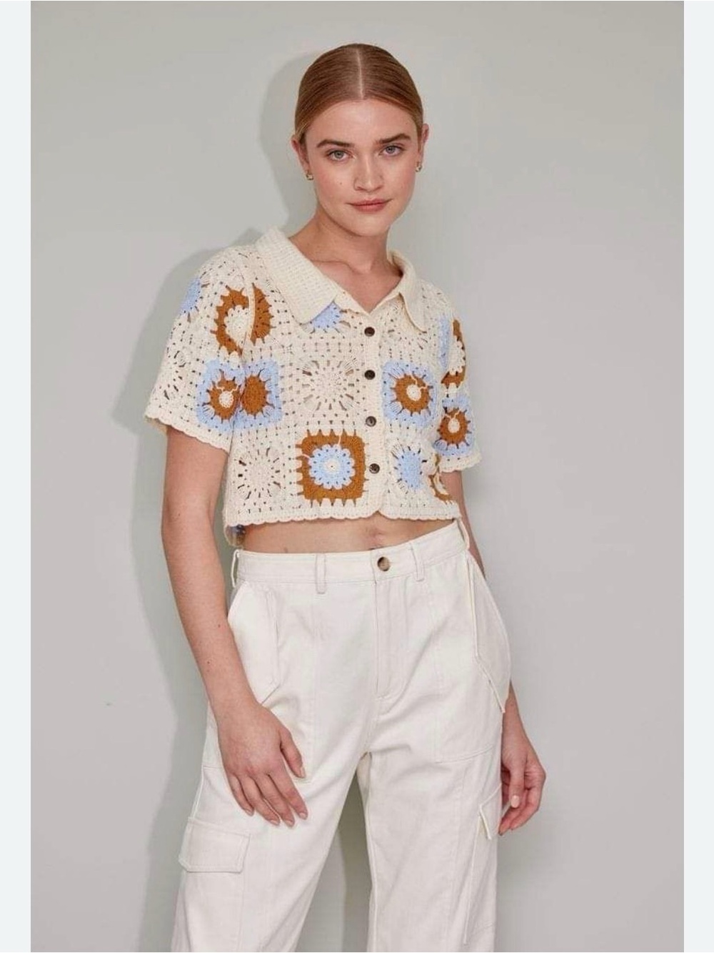Button-Front Crochet Crop Top in Cream, Blue & Brown